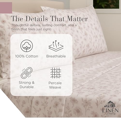 Image of Linen Home 100% Cotton Printed Percale Sheet Set Queen - 4 Piece Deep Pocket Floral Bedding, Crisp Cool & Breathable, Fade-Resistant Design, Hotel Luxury, Long-Staple Combed Cotton - Mauve Botanical
