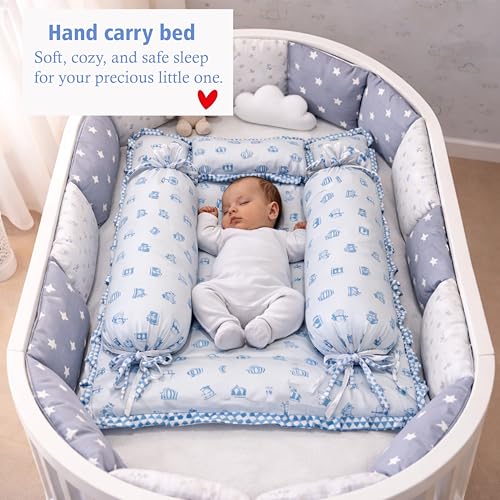 Image of Fareto Combo of Baby Bed with Net | Carry Bag | 4 Pcs Bedding Set (0-6 Months, Baby Size, Cotton) (Blue Taj)