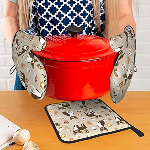Oven Mitts And Potholders Bbq Gloves,Brown Boston Terrier Dog Dog And Coffee Non-Slip Heat Resistant Kitchen Oven Mitts And Pot Holders For Cooking Baking Grilling (3-Piece Set) #TOP6