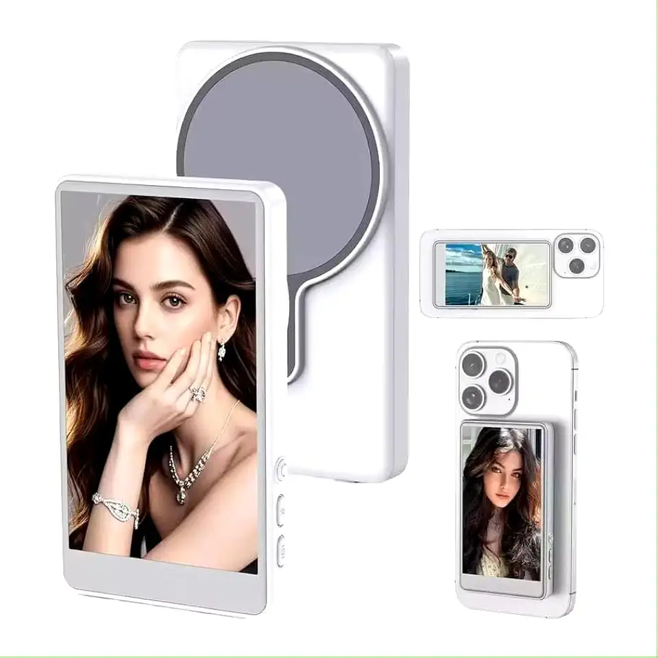 Monitor Selfie Magnético para Celular com Controle Bluetooth – Ideal para Vlogs e Lives (Branco)