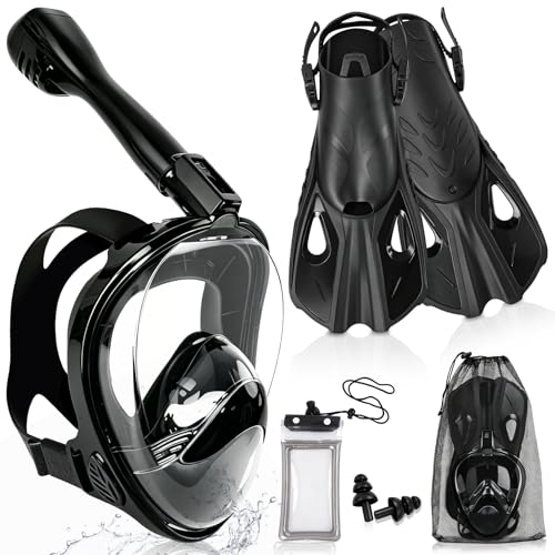 YYSWSAKY Set Snorkel Adulto, Máscara Snorkel, 180°Vista, CO2 Seguro, Anti-vaho Anti-Fuga, con Aletas Ajustables, Soporte de Cámara, Funda Impermeable para Móvil, Equipo de Snorkel Nadar Adultos (S/M)