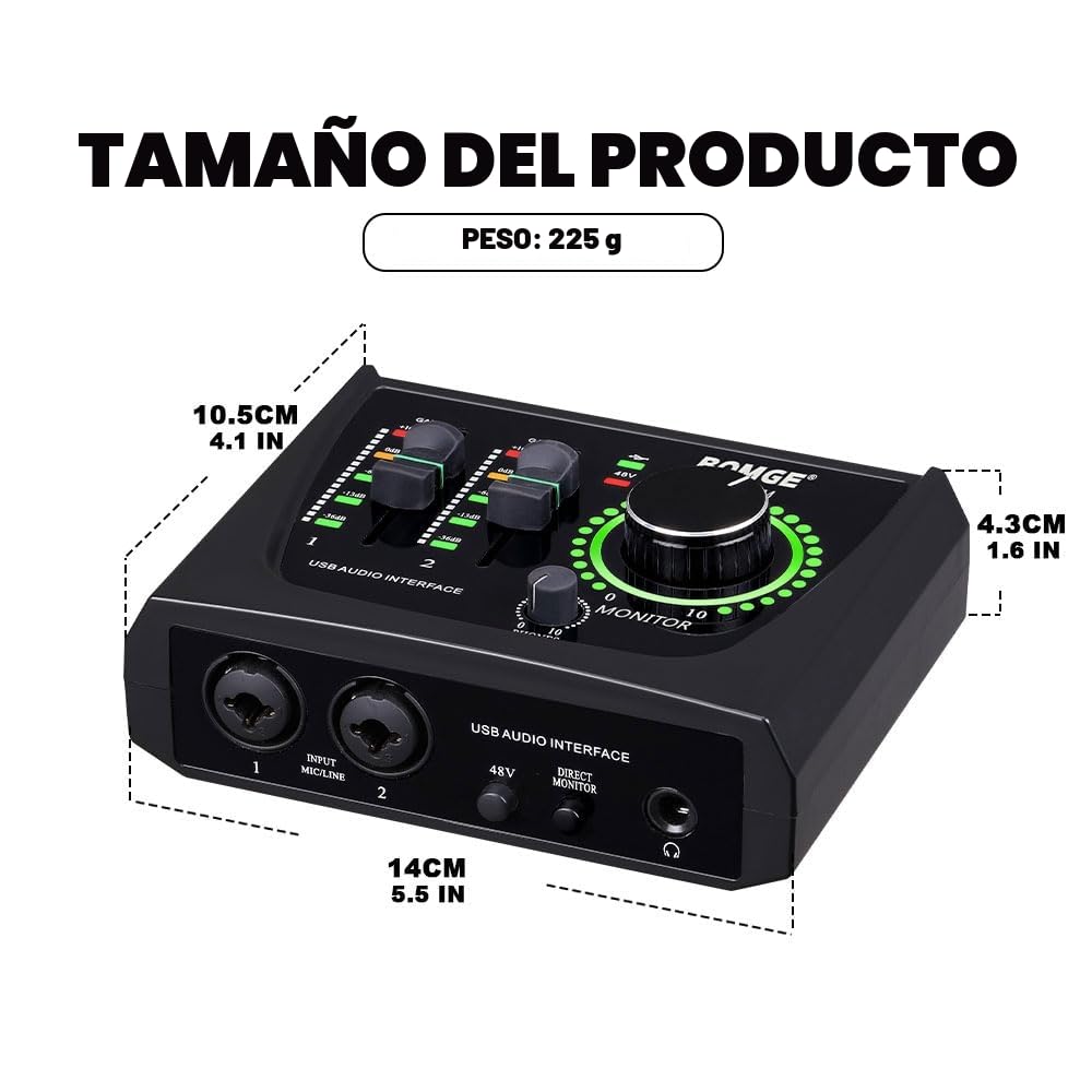BOMGE Mini interfaz de audio USB de 2 canales para grabación, transmisión y podcasting, con alimentación fantasma XLR/48V, audio de calidad de estudio para guitarrista, vocalista,