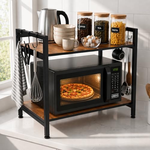 Image of Microwave Stand for Kitchen Platform 2 Tier Oven Stand with Storage Cabinet Engineered Wood Shelf 6 Hooks Black Metal Frame Oven Stand OTG Rack