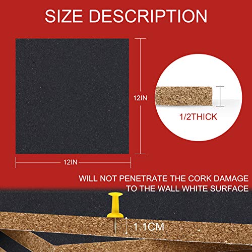 Odome Cork Board Tiles Self Adhesive 4 Pack(Black) 12”X 12” – 1/2” Thick Cork Board – Bulletin Board - Memo Boards Pin Board - Cork Boards For Walls For Office Home Kitchen With 50 Push Pins #TOP1