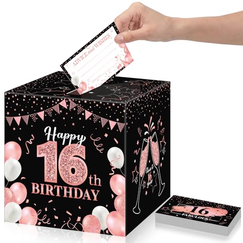 Image of Funrous 16th Birthday Party Message Card Box Cheers to 16 Years Black Rose Gold Advice and Wishes Greeting Card Box for Girls Women Sweet Sixteen Birthday Decorations Anniversary Tables Sign Decor
