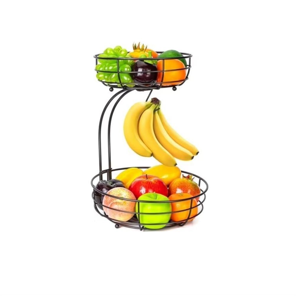 Zhaoj24-05 Fruit Racks Fruit Basket 2-Tier Bowl with Banana Hanger, Metal Basket-Vegetable Holder