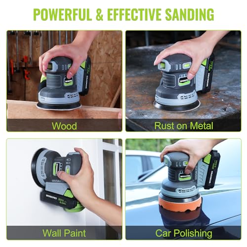 WORKPRO 5-Inch Cordless Random Orbital Sander, 20V Brushless Electric Orbit Sander, 6 Variable Speeds 6000-12000 RPM, Palm Sander with Battery, Dust Collector, 15 PCS Sanding Discs for Woodworking by WORKPRO - Image 9
