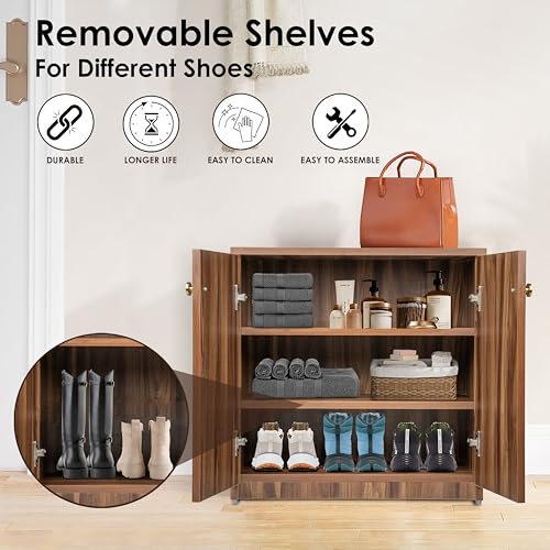 Image of Wooden Shoe Rack with Doors | 3 Tier Closed Shoe Cabinet for Home | Space Saving Footwear Storage Unit for Entryway, Living Room & Bedroom (L 60 x B 32 x H 60 cm) (DARK ASAIN, 3 Shelves) DIY