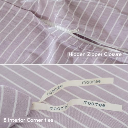 Image of MooMee Striped Duvet Cover Set 100% Washed Cotton Linen Like Queen