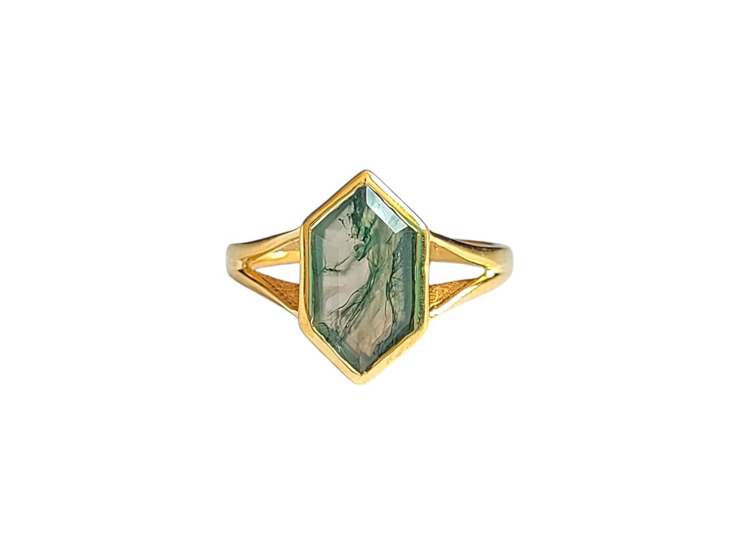 Natural Moss Agate Ring Hexagon Cut Ring Engagement Ring Statement Ring Moss Agate Jewelry925 Sterling Silver Women Ring (Gold, 4.5)