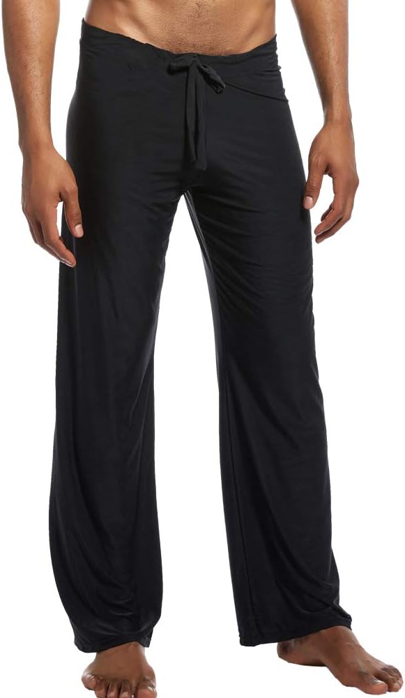 Men Soft Ice Silk Long Yoga Pants Sexy Low Rise Elastic Drawstring Sleep Bottoms - Image 2