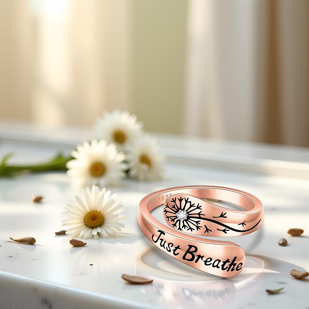 Just Breathe Rings for Women Hope Ring Adjustable Spoon Sterling Silver Dandelion Inspirational Encouragement Mothers Day Gifts - Image 9
