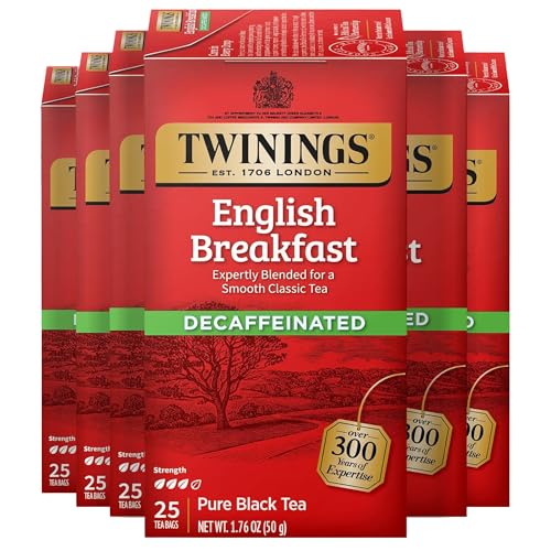 Twinings Decaffeinated English Breakfast Black Tea Individually Wrapped Bags, 25 Count (Pack of 6), Flavourful, Robust, Enjoy Hot or Iced, 150 Teabags
