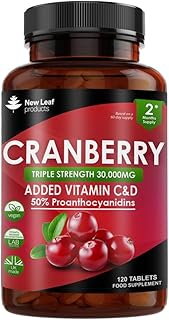 Cranberry Tablets Triple Strength 30,000mg - 120 Cranberry Supplements Enriched with Vitamin C & D - Cranberry Supplements for Women and Men - Vegan Cranberry Tablets Made in UK by New Leaf