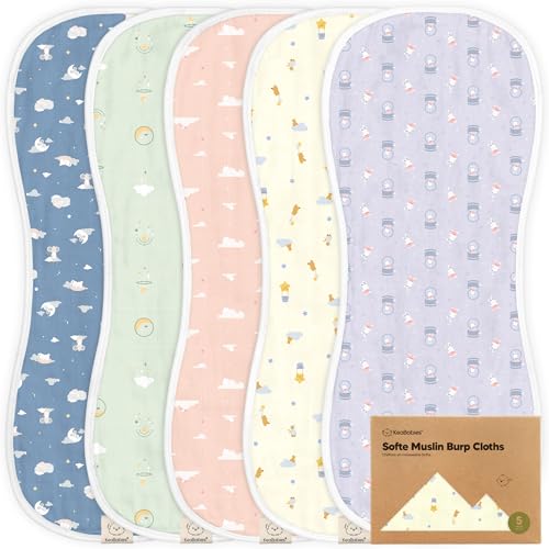 Image of 5-Pack Muslin Burp Cloths Baby Boy, Girl - Very Absorbent Baby Burp Cloth Rags, 8-Layers Viscose Derived from Bamboo Cotton Muslin Towel, Super Soft Spit Up Rags, No Shrink Washcloths (Dreamers)