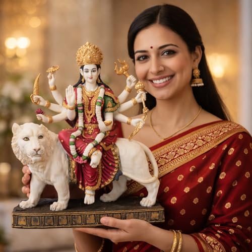 Image of ARMONIA Sherawali Devi Murti for Navratri Decor & Worship | Maa Durga Idol Sitting | Mata Murti for Home Decor, Mandir | Vaishno Devi Durga Mata Statue | Marble Dust Goddess Idol for Gift (14.56 Inch)