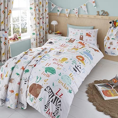 Happy Linen Company Girls Boys Kids Animal Alphabet ABC White Multicolour Single Reversible Duvet Cover Bedding Set