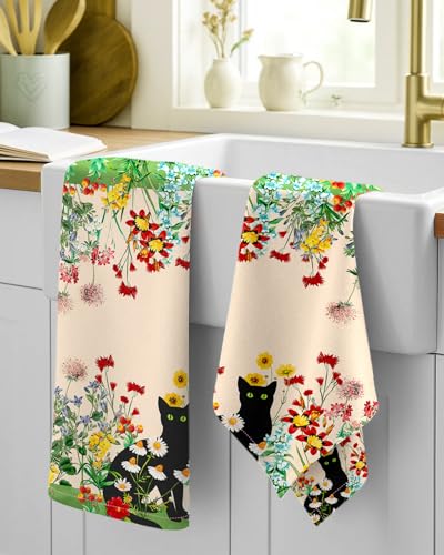 Image of Miss Adola 150GSM Flour Sack Kitchen Towels Set of 2, Flower Cats | 18 inchx26 inch, Lightweight, Lint-Free, Pure Cotton, Decorative, with Hanging Loop, Absorbent, Softer after Wash, Giftable Package