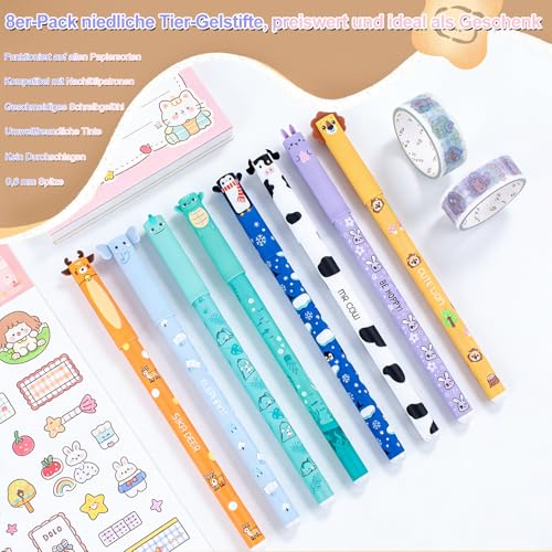 Happara 8 Stück Radierbare gelstifte set, Radierbaren Gelschreibern für Kinder, Tier Motiven radierbare Stifte, Einer Auswahl an Tintfarben und Designs, Geeignet für Schulen und Büros