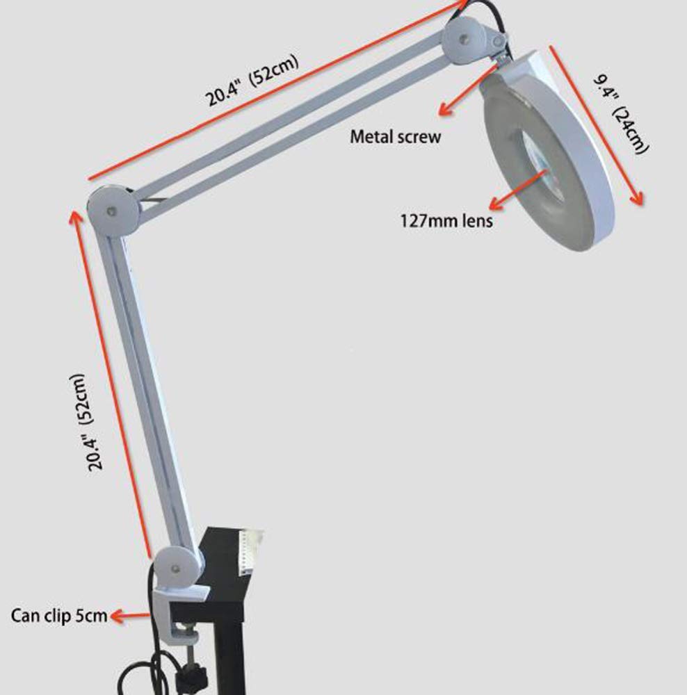 Lupa, 5-krotna lampa powiększająca szkło-światło dzienne jasne podświetlane soczewki-lupa biurkowa lampa obrotowa ramię wahadłowe biurko lampa stołowa, na stół, zadanie, rzemiosło, biżuterię, szycie,