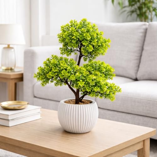 Image of Artificial Boxwood Topiary Bonsai with Ripped Pot, Decorative Indoor Faux Plant for Living Room, Home, Office, Tabletop, L1 (Pack of 1)