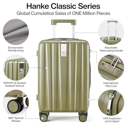 Image of Hanke 20 Inch Carry On Luggage 22x14x9 Airline Approved Lightweight PC Hard Shell Suitcases with Wheels Tsa Luggage Rolling Suitcase Travel Luggage Bag for Weekender(Olive Green)