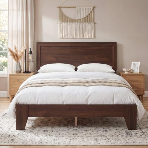Image of GIANTEX Full Size Wooden Bed Frame with Headboard, Wood Slat Support
