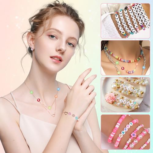 Image of Looconi 1500 Pieces 6 Colors Letter Alphabet Beads and Number Heart Beads Round Flat and Crystal Line for Jewelry Making