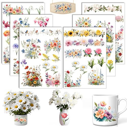 Adesivi da sfregare a fiori, 6 pezzi A5, adesivi da trasferimento con pellicola, per mobili, vetro, legno, scrapbooking, fai da te (fiori)