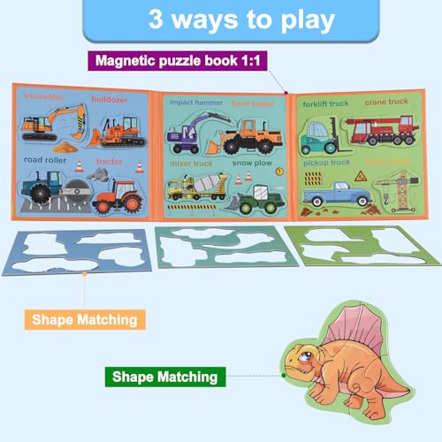 Image of ASTARON Magnetic Puzzles 60 Pieces Dinosaur Kids Educational Travel Toys | Folding puzzle, includes 3 bubble stickers, puzzle pieces with words, learn while playing, easy to store, educational toy