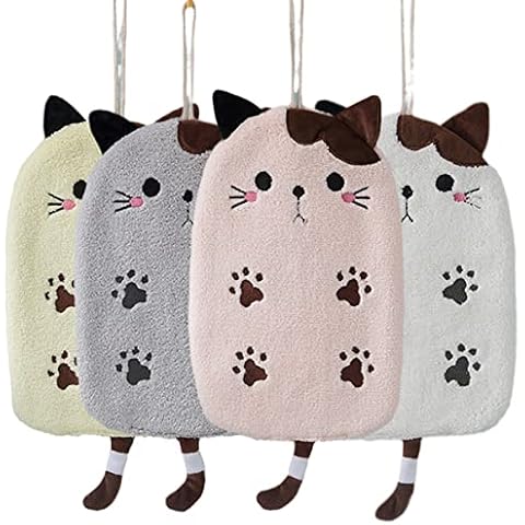 seelucky Cat Hand Towels for Bathroom and Kitchen Cartoon Hanging Towel Hand Bath Towels (Pink Grey White Yellow, 4) Cover