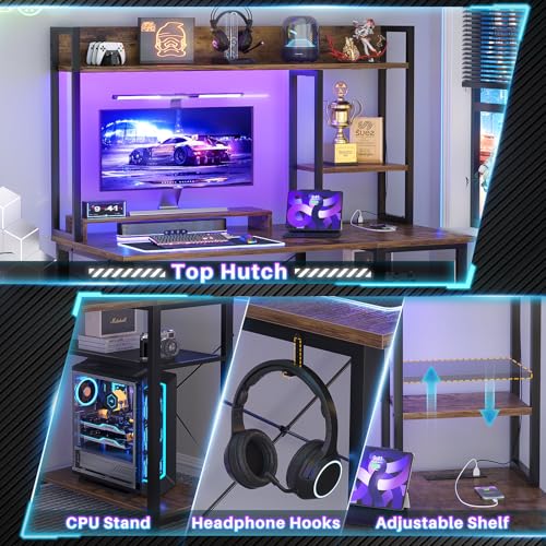 Image of Cyclysio Gaming Desk with Hutch, 39'' Computer Desk with LED Lights & Power Outlets, Home Office Desk with Reversible 5 Tiers Storage Shelves & Monitor Stand, Small Gaming Table for Small Space,Rustic