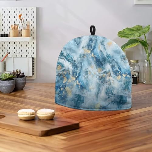 Image of Tea Cozy for Teapot Kitchen Accessory Tea Pot Cosy Insulated Thermal Kettle Cover Breakfast Warmer Washable for Home Kitchen Tabletop Decoration, Blue Gold Marble