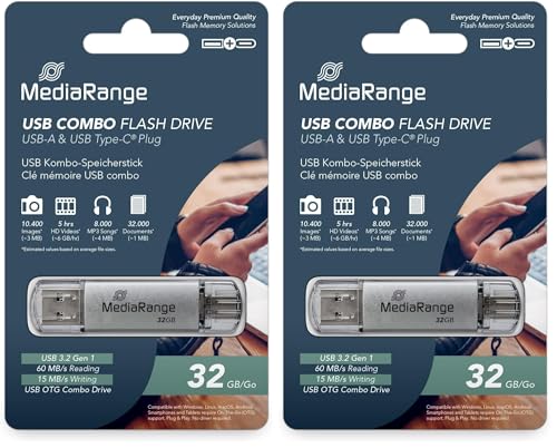 MediaRange USB 3.1 und TypeC Speicherstick 32GB - Combo Flash-Laufwerk mit Schutzkappen, Externe Speichererweiterung mit Lesegeschwindigkeit von bis zu 60 MB/s, Farbe Silber (Packung mit 2)