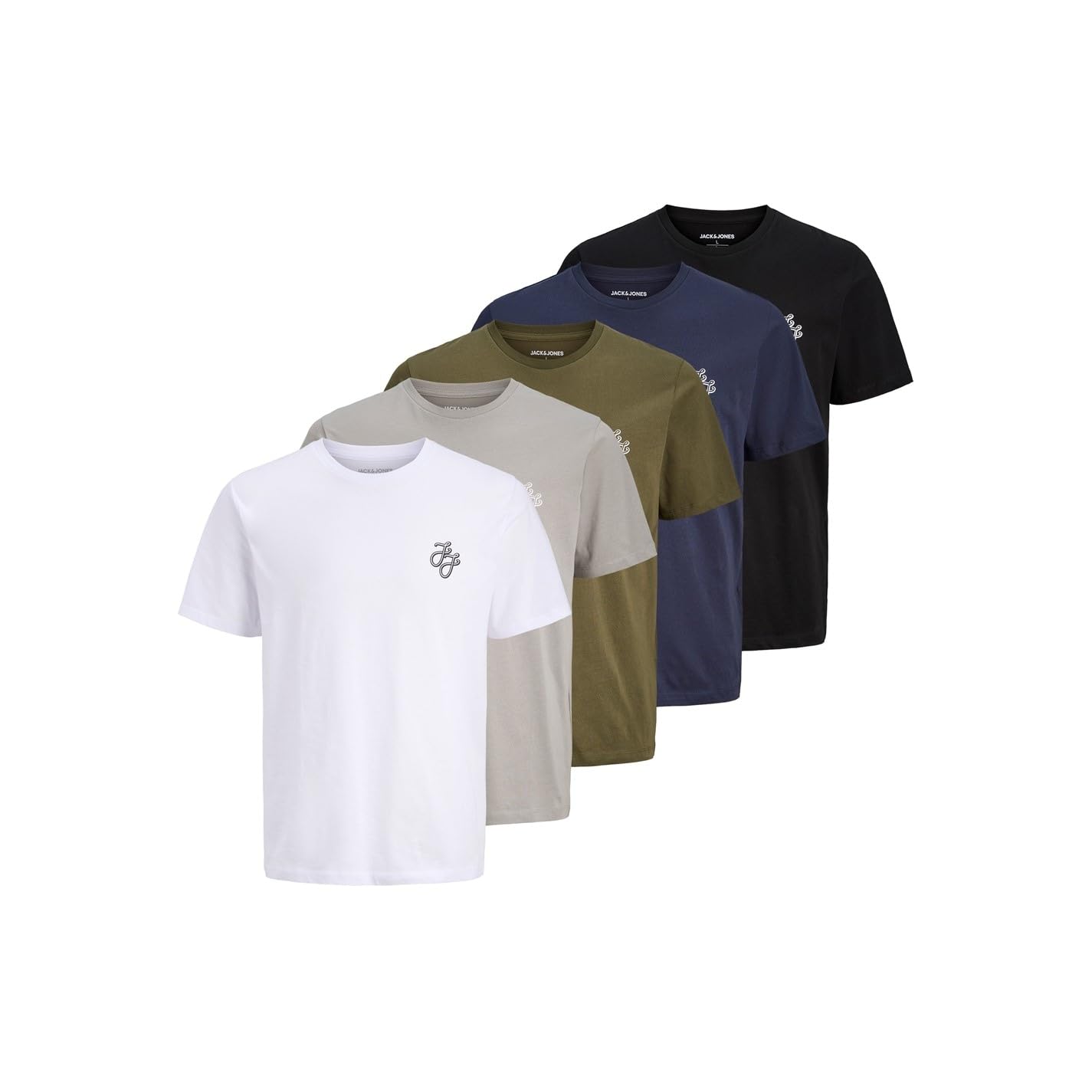 Jack And Jones Men's 5-Pack Short Sleeve T-Shirt - Wh/Nv/Bk/Ol/Gry - L