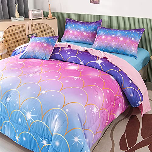 Perfemet 6Pcs Mermaid Scale Comforter Sets Twin Size, 3D Pink Glitter Bed In A Bag For Teens Girls, Colorful Rainbow Bedding Comforter With Sheets Set, Ultra Soft Sparkly Galaxy Quilted Duvet #TOP1