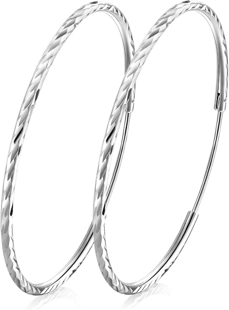 T400 Jewelers 925 Sterling Silver Diamond Cut Sleeper Small Large Hinged Hoop Earrings,Size:25 35 45 55 65mm