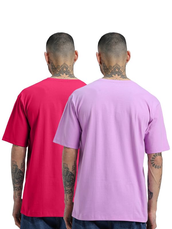 Image of Veirdo Solid Oversized 100% Pure Cotton Combo T-Shirt for Men & Boys (Half Sleeves, Round Neck, Drop Shoulder, Baggy Fit, Pack of 2, Available in S to 2XL