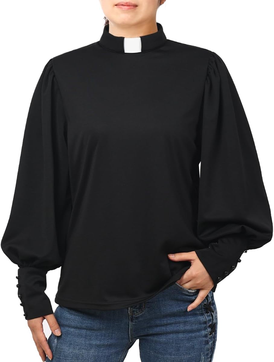 Womens Church Clergy Shirt Tab Collar Long Puff Sleeve with Cufflinks Blouse Top - Image 2