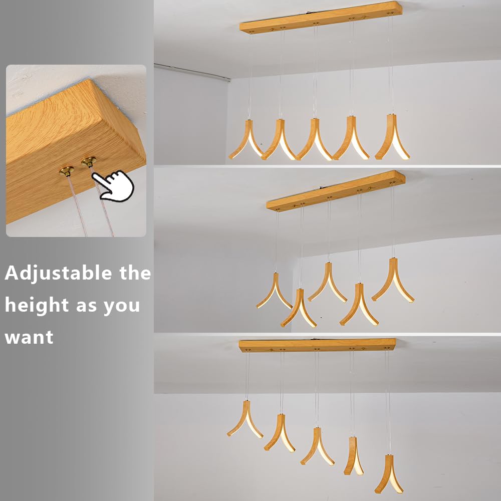 Modern Linear Chandelier 5 Lights Wood Kitchen Island Light Dimmable LED Pendant Light Height Adjustable DIY Chandelier for Dining Room Living Room Light Woodgrain