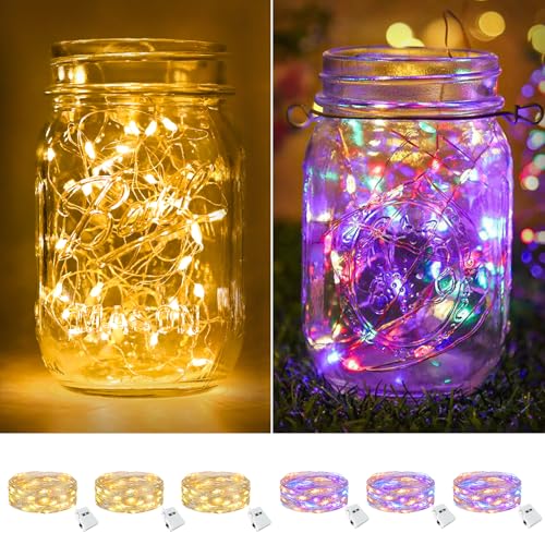 Image of btfarm 6 Pack Fairy Lights Battery Operated [3 Modes], 7ft 20 Led Twinkle String Lights Waterproof Bulk Small Mini Sliver Wire for Christmas Mason Jars Wedding Table Centerpiece, Warm White /Colorful