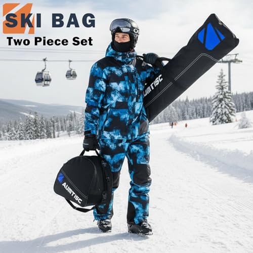 AUMTISC Skitasche Set Skisack &Skischuhtasche Längenverstellbare Bis 200 cm für 1 Paar Ski & Skischuhe(Blau,Gepolstert-3MM)