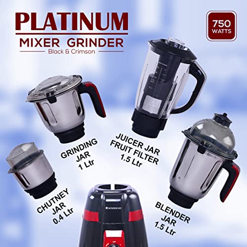 Wonderchef-Platinum-750W-Mixer-Grinder-4-Stainless-Steel-Jars-With-Fruit-Filter-Jar-Powerful-750W-Motor-3-Speed-Pulse-Function-Anti-Skid-Feets-5-Years-Warranty-On-Motor-Black-Red - mixer grinder