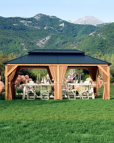 Hardtop Wood Gazebo 12'x20' for All Weather, with Double Metal Roof, Heavy Duty Wooden Frame, Net, and Curtain, Permanent Building for Patio, Deck, Backyard, Lawn, and Garden, Khaki