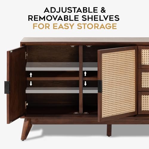 Image of Bme Rattan Pre-Assembled Buffet Sideboard with 3 Drawers & 2 Doors, 58 inch Accent Console Table Living Room, Kitchen, Dining, Walnut, Jasper Storage Cabinet