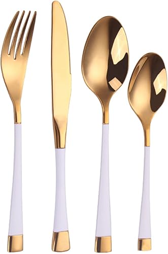 Juego de cubiertos chapados en oro de 48 piezas, juego de cubiertos de acero inoxidable 1810, juego de cubiertos de oro blanco, tenedor y cucharas