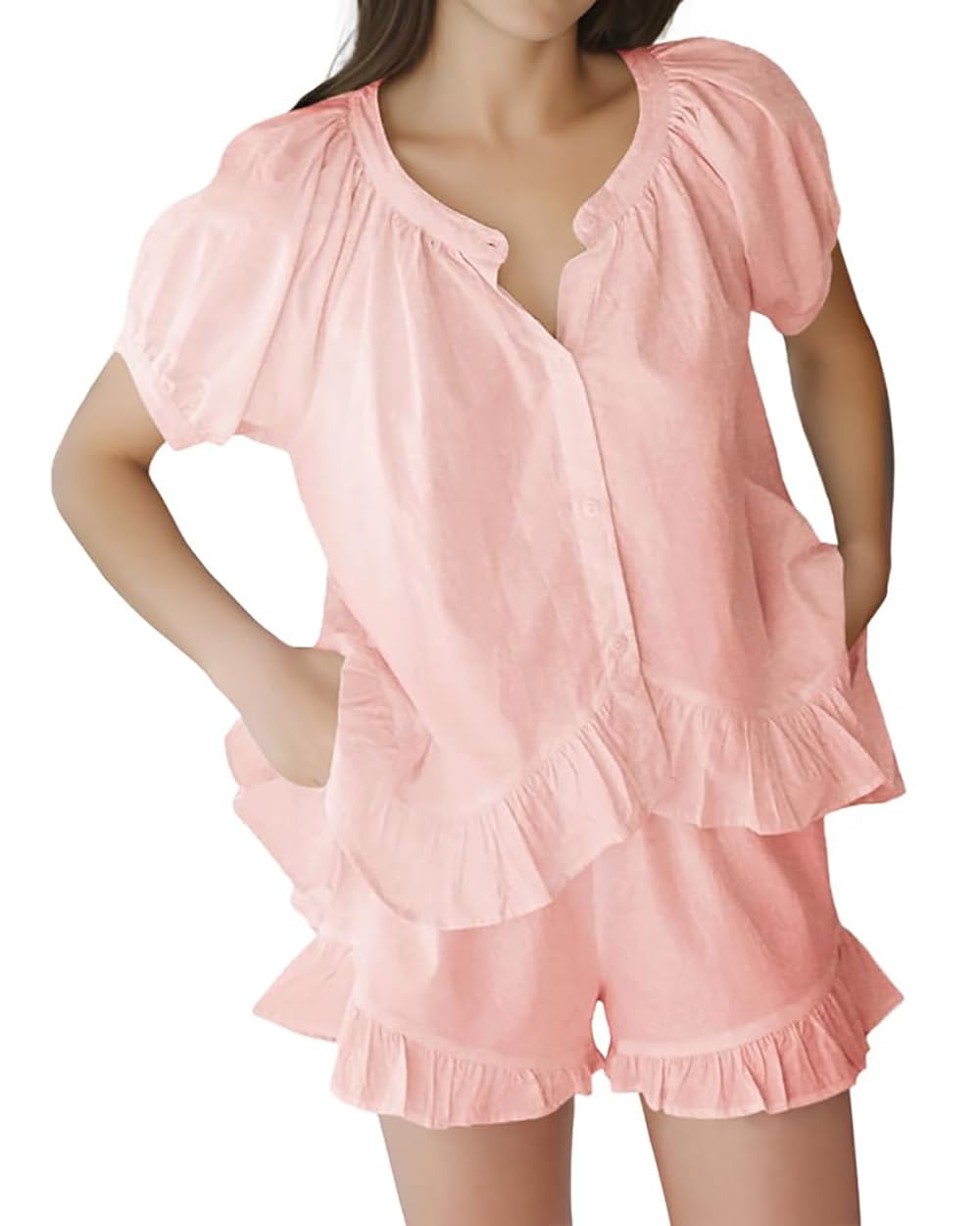 Xfileen Womens Fashion Summer Short Sets Short Sleeve Button Down Ruffle Trim Top and Shorts Cotton Pajama Sets
