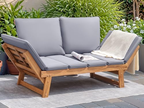 Devoko Outdoor Couch Acacia Wood Patio Couch with Adjustable Armrests, Outdoor Convertible Sofa with Removable Cushions & Pillows for Patio, Porch, Poolside(Grey)