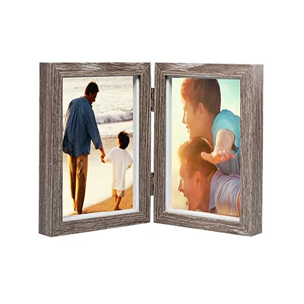 Holz Bilderrahmen Doppel 4x6 Klapp Bilderrahmen Desktop Fotorahmen mit Glasfront Doppelrahmen (Grau) – Bild 3