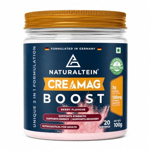 Image of Naturaltein Creamag Boost Creatine 3g + Magnesium Bisglycinate 130mg Supplement Powder, Berry Flavour, Supports Strength, Energy & Recovery, 100g (20 Servings)